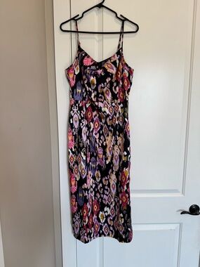 VENUS Black Slip Midi Dress with Pink and Purple Ikat Print